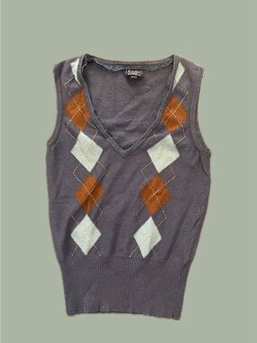 Y2K Argyle Sweater Vest - Navy blue V-Neck Knit Top